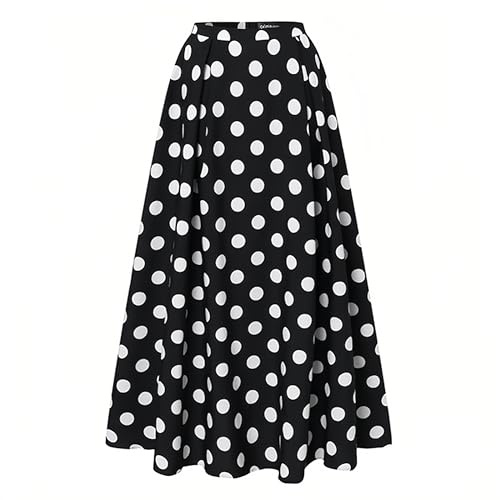 ThreeH Falda de Mujer Larga hasta el Tobillo Falda Plisada Floral Vintage A-Line Polka Dot Imprimir Faldas Largas,Negro
