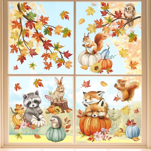 wondever Fensterbilder Waldtiere Fuchs Ahornblätter Herbst Glasaufkleber | Wiederverwendbar, Doppelseitig Statisch PVC Fensterdeko, Fenster Vogelschutz, Herbstdeko für Erntedankfest Wohnzimmer Küche