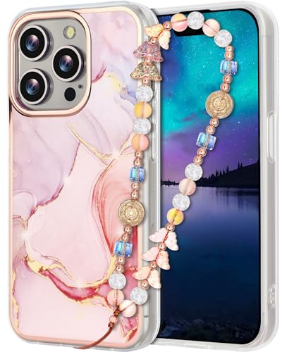 Casililor Kompatibel mit iPhone 16 Pro Max Hülle 6,7 2024 Schutzhülle Glitzer Marmor Stoßfest Handyhülle 16 Pro Max Case mit Handygurt Handyanhänger für Frauen und Mädchen Bling Rosa Marble