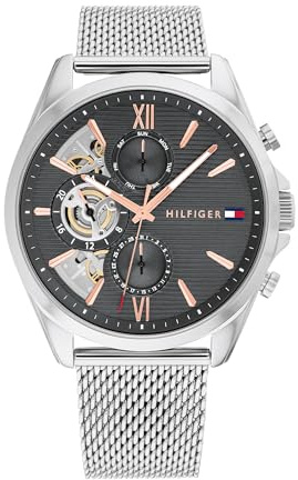 Tommy Hilfiger Multi Zifferblatt Quarz Uhr für Herren mit Silbernes Edelstahl-Mesh-Gliederarmband und Lederarmband