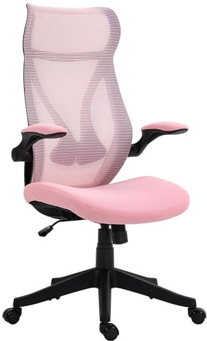 HOMCOM Silla de Escritorio Ergonómica de Malla Silla de Oficina Giratoria con Altura Ajustable Reposabrazos Abatibles y Función de Basculante Silla para Estudio Carga 120 kg Rosa