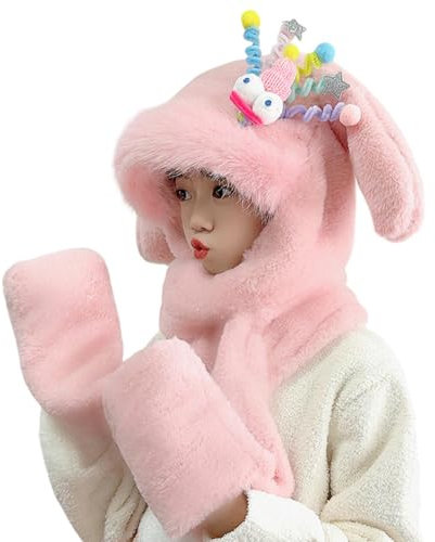 Smileshiney Wintermütze mit springenden Ohren, Hasenmütze mit beweglichen Ohren - Plüsch-Schal-Mütze-Handschuhe-Set Damen | Damen Plüsch süße Handschuhe Halswärmer Ohrenschutz für Outdoor-Aktivitäten