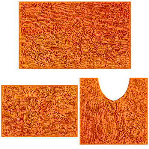 COMPOLICY Badvorleger Set 3-Teilig-Weiches Badematten Set mit Rutschfester, Chenille Saugfähige Badteppiche Sets für Badezimmer, Toilette und Dusche-Maschinenwaschbar (Orangerot)