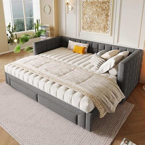 MOBETTRES Daybett, Tagesbett, 90 x 200cm, Sofabett mit quadratischer Rückenlehne, ausziehbares Bett (ausziehbar auf 180 Queensize), 2 Schubladen, ohne Matratze (Grau)