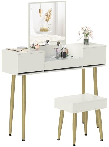HOMCOM Tocador con espejo y taburete, mesa de maquillaje con 3 cajones y patas de metal, bandeja de cristal templado, escritorio tocador para dormitorio, color blanco
