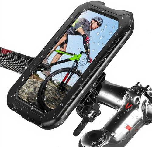 AHRLIC Motorbike Phone Holder Waterproof, 360° Rotatable Adjustable Bike Phone Mount with Fully Enclosed Design, Anti-Shake Motorcycle Phone Mount with Touch Screen Access for 4-6.9 Smartphone