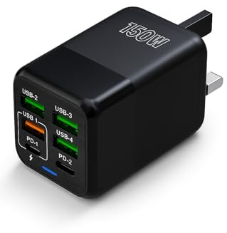 CAAL ARMORY USB C Plug Fast Charger,150W Fast Charger Plug UK,3PD Type C Port Power Adapter+3QC USB A Port Multi Wall Charger for all devices and phones