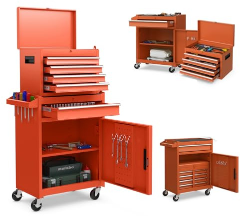 SOARS - Carro de taller con 5 compartimentos, 2 estantes, caja de herramientas extraíble y armario de herramientas, bloqueable, 59 x 28 x 102 cm, para garaje, taller, casa (naranja)