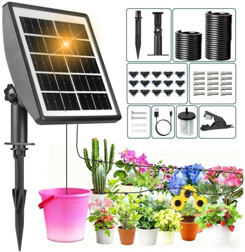 Solar Bewässerungssystem für Garten, Automatische Bewässerung für 15 Topfpflanzen, Tropfbewässerung mit Timer, 15M Schlauch, 15 Messingdüsen, USB-C, Indoor/Outdoor, Garten & Balkon