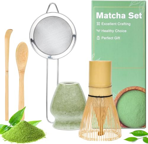 Alyvisun Matcha Tea Set, 5 Pcs Matcha Kit with Chasen and Matcha Whisk Holder, Sieve, Tea Scoop, Tea Pick, Matcha Whisk Set for Matcha Lovers, Green