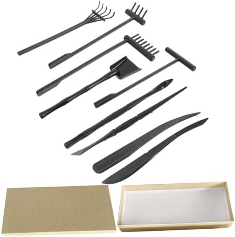 LRXIYODE 9pcs Mini Zen Garden Rake Set Compact Meditation Sand Tools for DIY Mini Garden Ornaments with Black Rakes and Storage Box for Home Office and Spiritual Relaxation