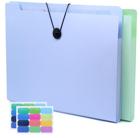 ZHIYUQL® Fächermappe A4 12 Fächern, Dokumentenmappe Dunkelblau und 24 Stück Etikette, Ordnungsmappe Fester Elastischer Schnurverschluss, Mappe mit Fächern für Büro, Zuhause (Blau + Grün 2 Stück)