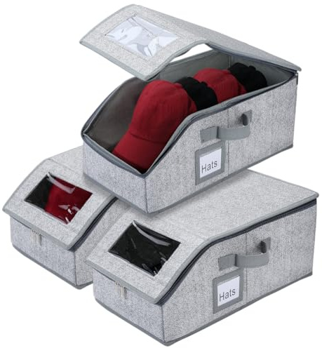 PH PandaHall 3 cajas de almacenamiento apilables para sombreros, organizadores de sombreros para gorras de béisbol, cajas de almacenamiento con tapa de ventana transparente para hombre y mujer