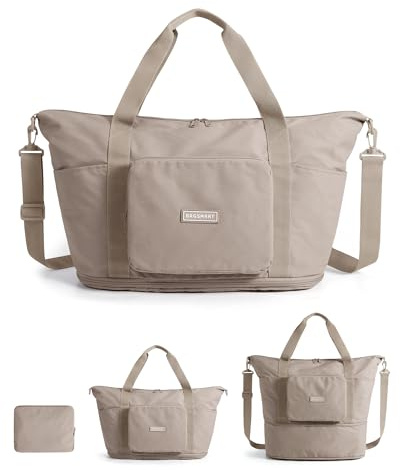 BAGSMART Vikbar resväska för damer, 27 l (upp till 40 liter), sportväska, handbagageväska, vattentät resväska, duffleväska, träningsväska, handväska för sport och resor, kamel, 45 cm x 20 cm x 30 cm