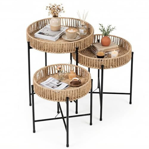 COSTWAY Set 3 Tavolini da Salotto Impilabili, Tavolini Sovrapponibili con Cestino Rotondo in Rattan, Struttura in Metallo e Piedini Antiscivolo, Mobile ad Incastro in Stile Boho per Soggiorno