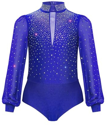 ranrann Kids Boys Sparkly Figure Skating Bodysuit Long Sleeve Latin Jazz Dance Gymnastics Leotard for Competition Royal Blue 16