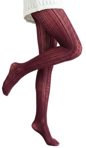 GHKJOK Collant in maglia rosso vino con dettagli verticali in pizzo, collant alla moda da donna, vestibilità aderente, design traspirante a maglia a cavo, leggings testurizzati opachi, stile retrò