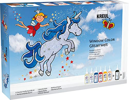 KREUL 42844 - Window Color Set Glitzerwelt, 7 x 80 ml Fenstermalfarben, inkl. 80 ml Konturenfarbe, für kreative Kinder, 2 verschiedene Folie, Glitzerstreu silber und Motivvorlagen