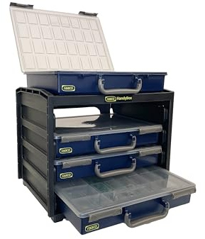 Raaco HandyBox 55x4, Sortimentskasten für Werkstatt, Kistenberg, Modul | Sortimentskasten für Werkstatt, Kistenberg mit 4 Sortierkasten für Kleinteile, Traglast 25 kg Sichere Aufbewahrungstransport