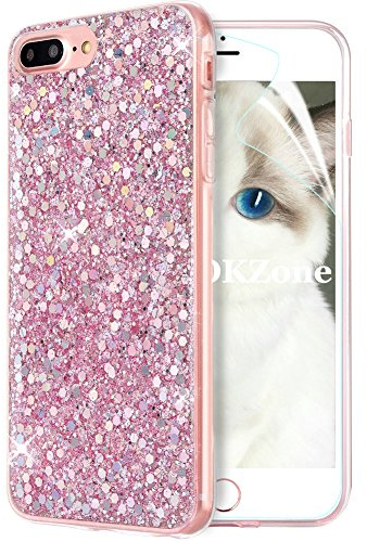 iPhone 8 Plus-fodral, iPhone 7 Plus-fodral, OKZone tunt mjukt silikonfodral glitter strass glänsande bling bling glitter lyx TPU-skyddsfodral för Apple iPhone 7 Plus/8 Plus (rosa)