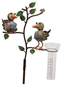 L'Héritier Du Temps Superbe Pluviomètre à Piquer Tuteur Plante Décoration de Jardin Motif Oiseaux en Fer Patiné et Tube en Verre 15x29x132cm