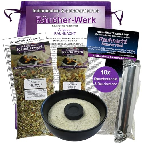 Rauhnächte räuchern 8-TLG Räucher-Starter-Set ALLGÄUER RAUHNACHT mit Räucherschale + HEIMISCHE KRÄUTER + WEIHRAUCH + MYRRHE. Räucherwerk, Rauhnachtfibel, Zubehör. 81474-S