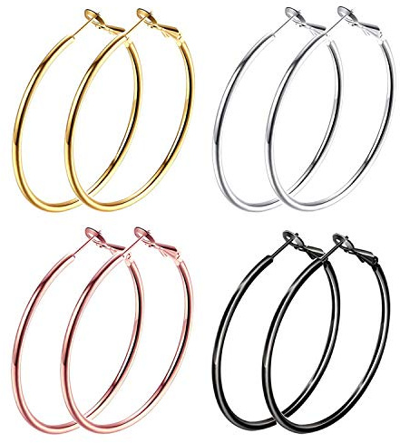 JewelryWe Schmuck 4 Paar Damen Ohrringe Set Edelstahl Groß Rund Hängend Huggie Creolen Ohrringe Ohrhänger für Frauen Mädchen - Durchmesser 30 40 50 60 70 mm, Schwarz Gold Silber Rosegold