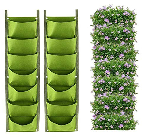 LITLANDSTAR Hanging Planter Bags, 2 Pack 7 Pocket Hanging Vertical Wall Planter Planting Grow Bags Outdoor Indoor Gardening Vertical Greening Flower Container (Green)