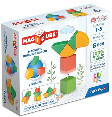 GEOMAG - Magicube 1+ Formen - Magnetische Blöcke für Kinder - 4 Farben und Formen - 6 Würfel - 1-5 Jahre - 100% Recyceltes Plastik