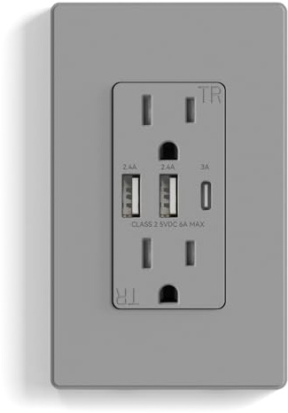 ELEGRP USB Outlets Receptacles, 3-Port Wall Outlet, 30W 6.0A Electrical Outlet, 15 Amp Tamper-Resistant Outlet with Type C Ports, UL Listed, Wall Plate Included, 1 Pack, Matte Gray