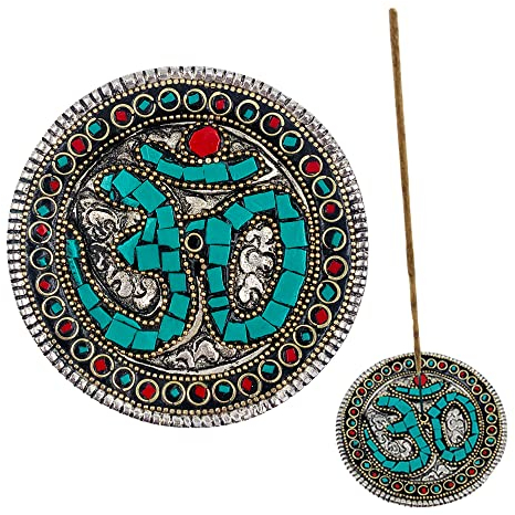 Bruciatore di incenso (incensiero). Incenso Supporto rotondo in alluminio con inserti. Design Om Turchese. Fatto a mano in India. (Turchese)