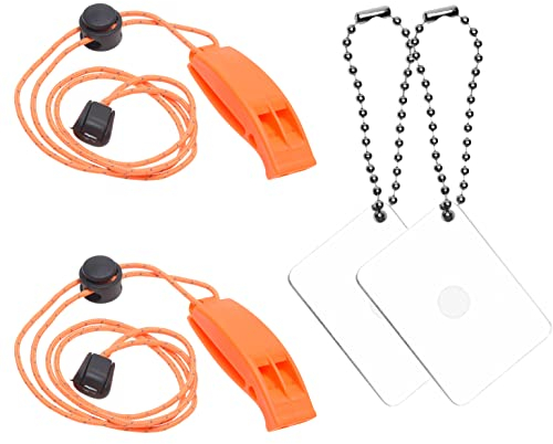 2X Sifflet de Survie et 2X Miroir de signalisation - Kit de Survie en Plein air Miroir éclair de Sauvetage - Sifflet à Clipser avec lanière - Sac à Dos, Camping, Utilisation Marine