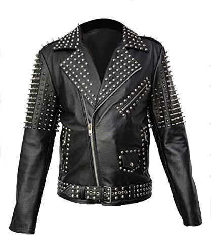 Herren Brando Spikes Metall Nieten Rock Punk Motorrad Schwarz Biker Lederjacke, Schwarz - Echtleder, L