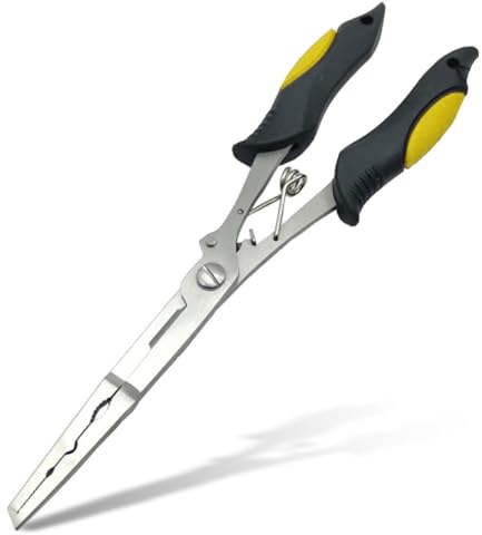 Long Nose Fishing Pliers Stainless Steel Hook Remover Line Cutters Ring Split Pliers, 9 Inch Freshwater Saltwater Fishing Tool， Yellow