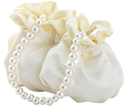 JAMBHALA Small Wristlet Purses Mini Bucket Bag Women Hobo Bag with Faux Pearl Chain (White)