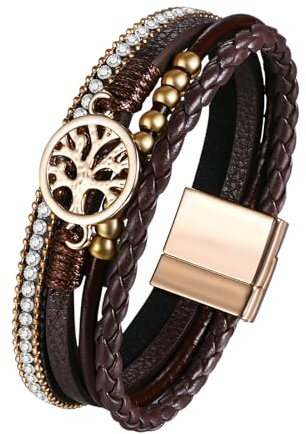 JewelryWe Lebensbaum Lederarmband Damen Wickelarmband: Braun Vintage Boho Baum des Lebens Strass Kugel Perlen Mehrreihig Leder Geflochten Armband Armreif mit Magnetverschluss Braun