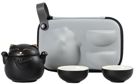 Gralara Lucky Cat Teapot Set, 1 Pot 2 Cups with Storage Bag, Portable for Office Work, Black
