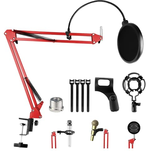Relota Mikrofon Arm, Mikrofonarm Einstellbare Mikrofonständer Rot mit Shock Mount, Pop-Filter, 5 Kabelbinder, Mikrofonhalter Schreibtisch Boom Arm für Aufnahme, Podcasting, Fernsehsender