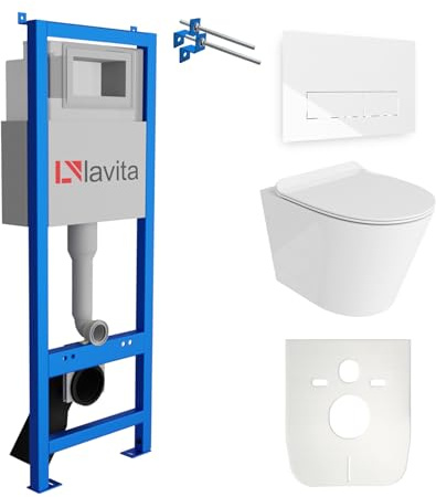 Lavita LAV 101 elemento premontato per WC 40cm + WC sospeso a parete con pulsante di scarico profondo GALVE bianco senza bordo + Pannello di comando LAV 200.3.1 bianco + Sedile WC con abbassamento