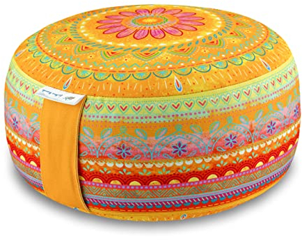 Bine Brändle Mandala Meditationskissen - Yogakissen - Bodenkissen - Ideale Sitzhöhe 15 cm - Innenkissen mit anpassbarer Dinkelspelzfüllung - GOTS Zertifiziert - Bezug aus Baumwolle (Sonnentag)