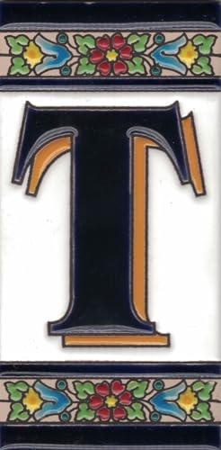 Numéros de maison extérieure - Plaque de porte - Céramique émaillée - Peints à la main avec la technique de la corde sèche - Noms et adresses - Grand modèle Fleur 7,5 cm x 15 cm