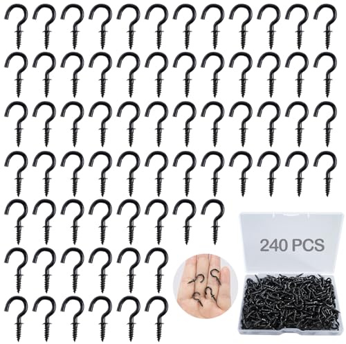 ZFKXGS 240 Stück Kleine Schraubhaken Schwarz 1/2 Zoll Hakenschrauben Set | Mini Deckenhaken Einschraubhaken Becherhaken mit Box für Holz Hängende Garten Pflanzen Kunst Weihnacht Dekorationen Schlüssel
