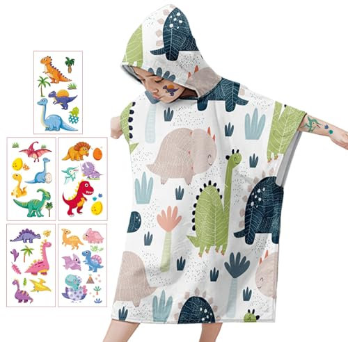 JSTHHTT Poncho Toalla de Baño de Niños y Niñas, Toalla de Playa con Capucha, Microfibra Ultra Suave, para Niños de 4 a 8 Años, 75 * 65CM, con Patrón de Dinosaurio
