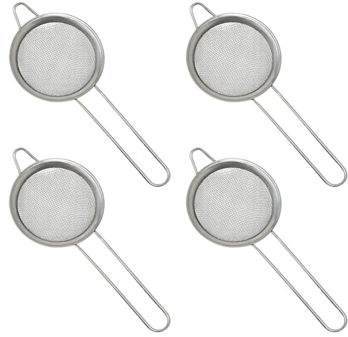 Honbay 4PCS 3.15 Inch Small Tea Strainers Mini Cocktail Strainer Stainless Steel Fine Mesh Strainer Colander Bar Strainer Tool Food Flour Egg White Loose Tea Strainer with Handle
