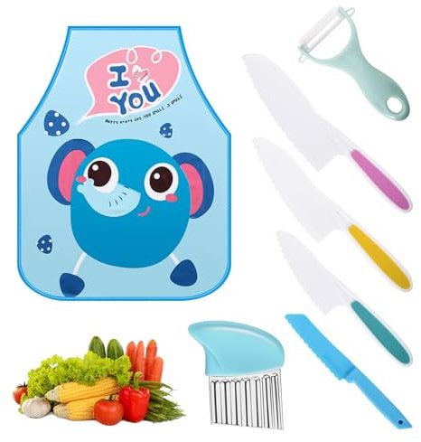 Cleminsta Kindermesser Set Montessori, Kinder Küchenmesser Set, 8 Stück Kinderküche Zubehör, Kunststoffmesser, Sparschäler, Wellenschneider und Schürze, Kochzubehör Kinder Plastik