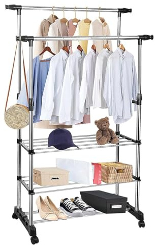 Youyijia Double Rail Clothes Rail Adjustable Garment Rack, Portable Clothes Rack on Wheels, Extendable Hanging Rails for Clothes, Small Coat Display Rack for Bedroom Laundry Rooms