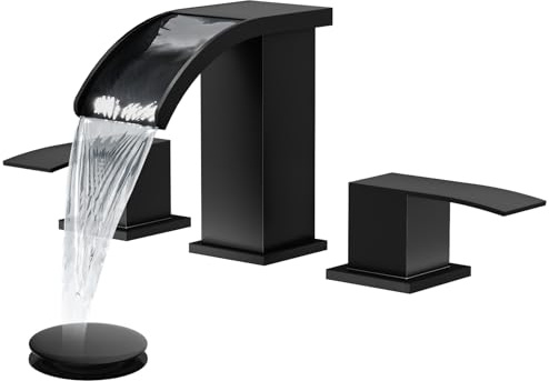 gotonovo Waterfall 8 inch Widespread Bathroom Faucet Set Bathroom Sink Faucet 3 Hole 2 Handle Vanity Lavatory Deck Mount with Pop Up Drain and Water Supply Lines Square Body Matte Black