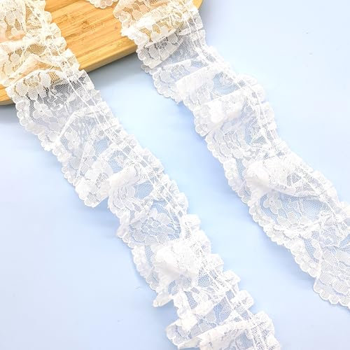 LIANCHEN 5 Yards 6cm Breite Rüschen-Borte Blumen Pleated Tulle Lace Fabric Plissee Tüll Spitzenstoff Spitzen-Blumen Dekoband Weiße Spitzenbesatz Rüschen für Nähen, Handwerk, Halloween (weiß)