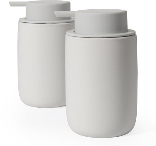 Autumnlife Keramik Seifenspender Set Grau, 2 Stück Spülmittelspender 350ml Seifenspender mit Großer Pumpe und Etikett, Nachfüllbar Dish Soap Dispenser Geeignet für Küche Bad Arbeitsplatte