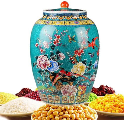 WOTZOV Distributore di Cereali in Ceramica, Cilindro di Riso Vintage con Coperchio, conservazione di Alimenti sfusi, organizzazione della Cucina per Riso, soia, Mais, Farina, Fa